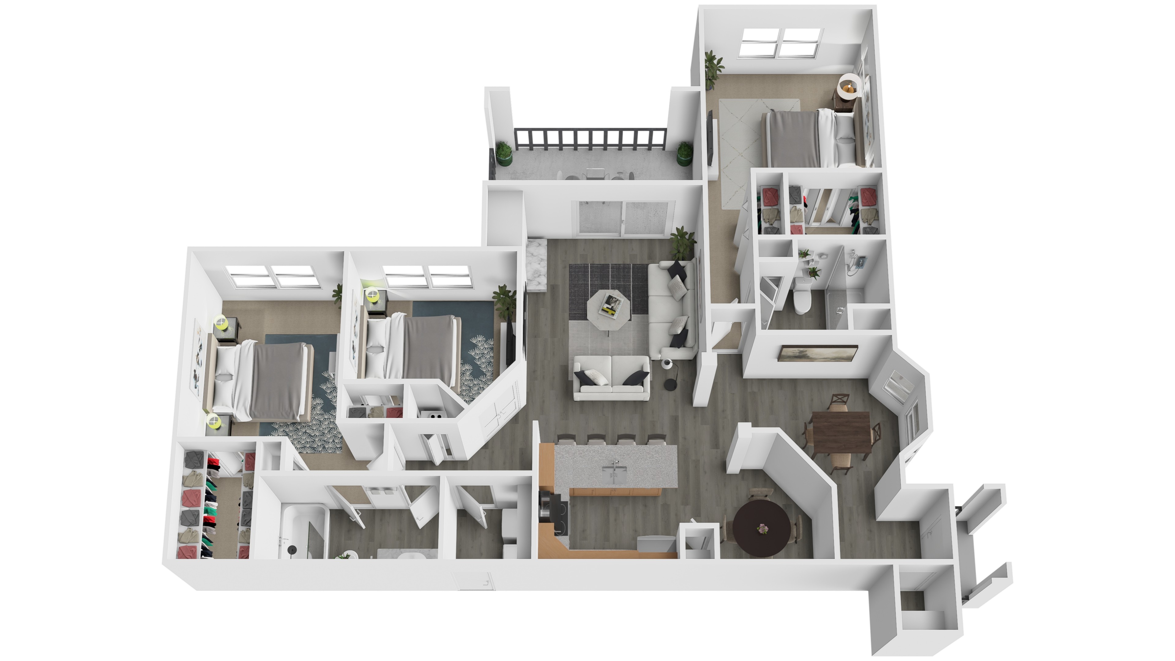 A white 3D model of a house with various rooms and furniture.